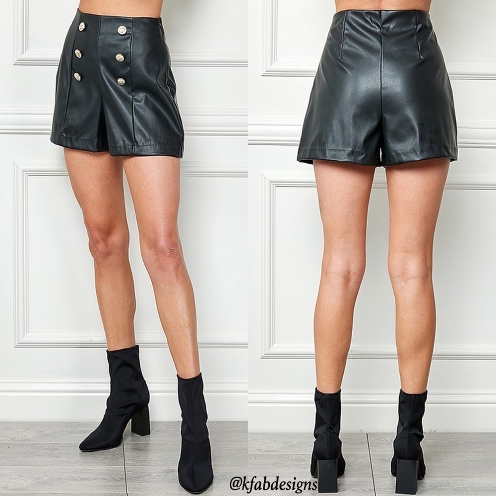 NEW! Black Faux Leather High Waist Gold Tone Button Shorts! - Picture 3 of 6